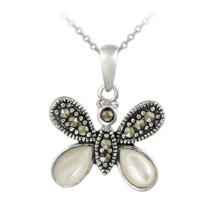 925 Silver Marcasite & Pearl Butterfly Pendant, 18" - Picture 1 of 3