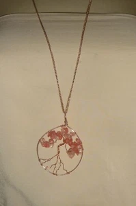 #14/2A vtg NECKLACE 14"L PALE GOLD TONE WIRED TREE OF LIFE w PINK QUARTZ PENDANT - Picture 1 of 8
