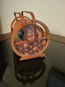 Vintage Bamboo & Rattan Coaster Set of 6 South American Theme - Picture 1 of 13