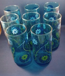 Vintage Mid Century Set of 8 Blue Hand painted Floral Glasses 6" tall - Picture 1 of 3