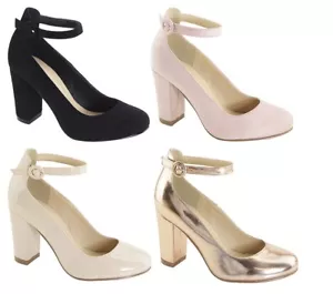 New Women Closed Toe Buckle Ankle Strap Classic Pump Shoe Chunky Block High Heel - Picture 1 of 6