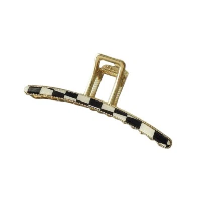 Patrón de cuadros de acetato blanco y negro con detalles dorados garra de pelo Foto 1 de 3