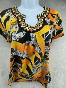 Ruby Rd Peasant Top Size Large Yellow/Orange Tropical Tribal Short Sleeve Beaded - Picture 1 of 14
