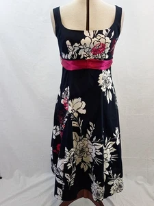 Debut Black & White Floral Embroidered Retro Pink Belted Dress - Size UK 10 - Picture 1 of 5