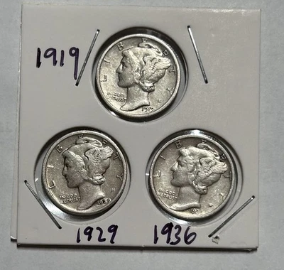 Lote de 3 monedas de diez centavos Mercury fechas tempranas - 1919, 1929 y 1936 todo en muy buen estado+ Foto 1 de 4
