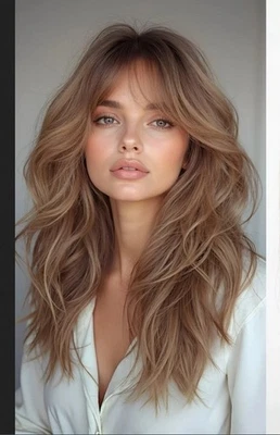 Peluca larga marrón ondulada con flequillo 13x4 pelucas delanteras de encaje 100 % cabello humano Foto 1 de 3