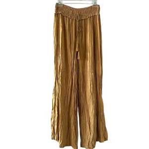 Shinestar Women’s Gold Pleated Wide Leg Pants M Boho Crinkle Smocked Waist NWT - Picture 1 of 18