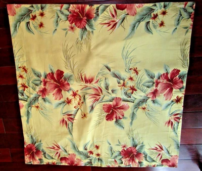 BARKCLOTH FABRIC - Large PILLOW COVER ~ 34x33 pink/tan/rose/grn FLORAL on yellow - Image 1 of 4
