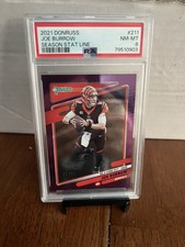 Joe Burrow 2021 Panini Donruss #199 Purple Season Stat Line /65 Bengals PSA 8