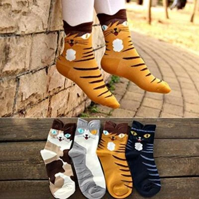 DDDONE 4 Pairs Ladies Funny Cat Socks Funky Designs Ankle Socks Warm Cotton for Adults