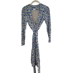 DVF Diane von Furstenberg Blue Black Ecru Printed Floral Silk Jersey Wrap Dress - Picture 1 of 2