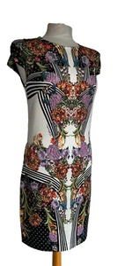 JUST CAVALLI DRESS MULTI COLOUR FLORAL PRINT ROUND NECK CAP SLEEVE SIZE L - Picture 1 of 10