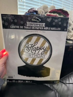 Black and Gold Happy Birthday Honeycomb Centerpiece 12" x 9" Party Decorations - Image 1 of 2