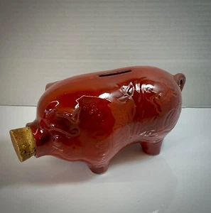 Vintage California Pottery Piggy Bank Corked Pig Coin Bank Red Burgundy - Picture 1 of 18