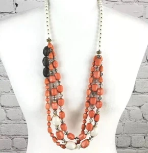 NECKLACE Long Multi-Strand Statement Orange & White Bead With Crystal Chunky EUC - Foto 1 di 5