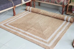 White Double Line Border, Natural Jute Rug, Vintage Large Area Rug For Home Rug - Picture 1 of 5