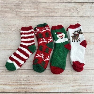 4 Pairs Womens Teens Fuzzy Christmas Socks Warm Soft Cozy Fluffy Slipper Socks - Image 1 of 4