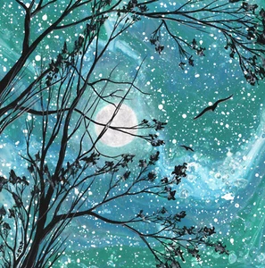 Original Gemälde, 8x8 Zoll, OOAK, Mondlandschaft, Baumsilhouette von Jasmin Star - Bild 1 von 12