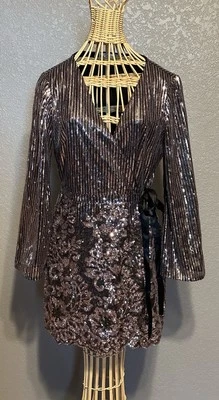 Miss Selffidge 6P Sequin Wrap Mini Dress Trumpet Sleeve Party Festival Cocktail - Image 1 of 4