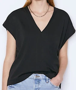 FRAME Le Mid Rise V-Neck Tee Sz Small Black T-Shirt Organic Pima Cotton FreeS&H - Picture 1 of 8
