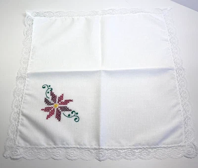 New Handmade Embroidered Cross Stitch 17in Square Linen Table Doily with Lace - Image 1 of 4