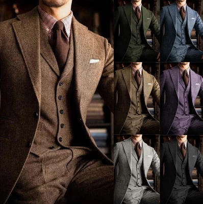 Tweed 3PCS Men Suits Formal Prom Slim Fit Jacket Business Workwear Party Tuxedos - Image 1 of 4