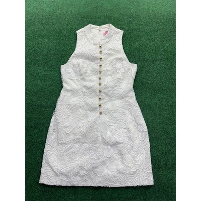 Lilly Pulitzer 白色蕾丝连衣裙金色纽扣细节无袖女式 10 码 — 第 1/4 张图片