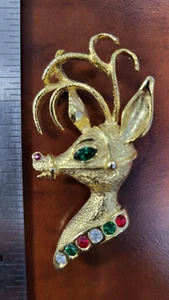 VANTE Reindeer Brooch With Red, White And Green Rudolph - Picture 1 of 7