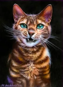 Limitierte Auflage ACEO DRUCK atemberaubend süß bengalisch Katze Kätzchen Porträt M. Mishkova - Bild 1 von 1