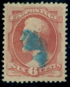 US #148, 6¢ Lincoln, used w/blue cancel, small thin, gorgeous XF centering - Picture 1 of 1