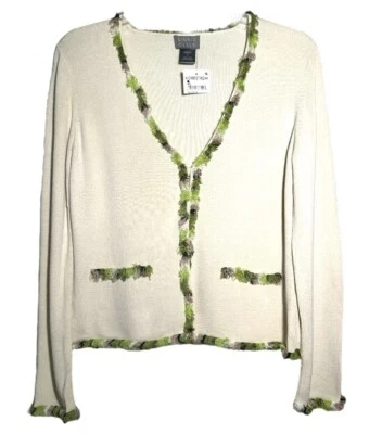 Sigrid Olsen Luxe Silk Fringe Cardigan Petite Small PS Ivory Contrast Fringe NWT - Image 1 of 4