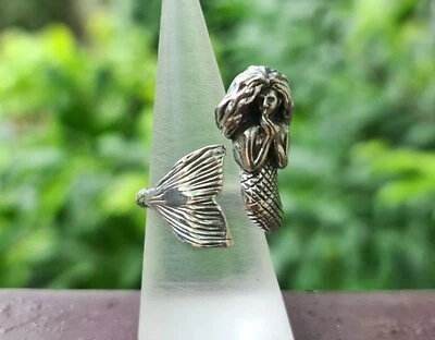 Mermaid Ring STERLING SILVER 925 Siren Ocean Creature Unique Silver Nautical  - Image 1 of 4