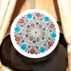 12" Runde Marmor Weiß Servierplatte Multi Edelstein Intarsien Floral Home Deco - Bild 1 von 7