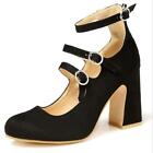 Womens Party Block High Heels Ankle Strap Round Toe Pumps Buckle Plus Size Shoes