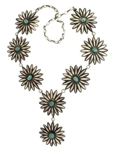 Natural Pilot Mountain Turquoise Sunflower Chain Link Necklace By Roland Dixson - Picture 1 of 4