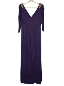 Adrianna Papell 12 Deep Purple Embellished Gem Shoulder Mesh Stretch Maxi Dress - Picture 1 of 7