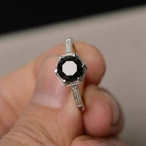 3 Ct Round Simulated Black Diamond Engagement Women Ring 14k White Gold Plated - Picture 1 of 7