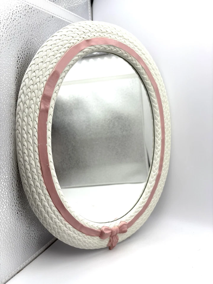 Vintage White Wicker Looking Plastic Oval Mirror with Pink Bow Girls Nursery - Image 1 of 4