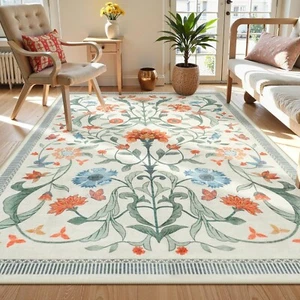 Area Rug Indoor Large Non-Slip Boho Floral Carpet Mat for Bedroom & Living Room - Picture 1 of 48