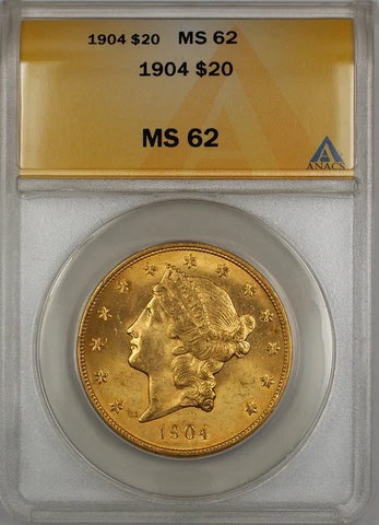 1904 $20 Liberty Double Eagle Gold Coin ANACS MS-62 SB (Better) (C) Cover