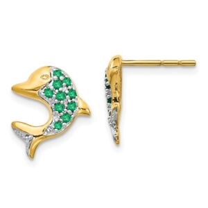 14k Two-tone Gold 0.2 Ct Emerald and Diamond Dolphin Stud Earrings for Her 1.54g