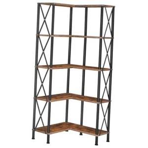 Corner Bookshelf, 5-Tier L-Shaped Bookcase, Industrial Rustic Brown, Black - Picture 1 of 8