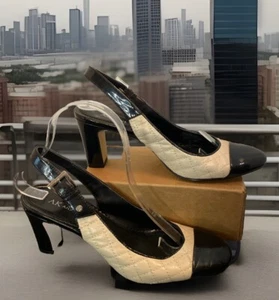 ANNE KLEIN Maofdesirem Black/Beige Quilted Cap Toe Leather Slingback Heels 7 M - Picture 1 of 15