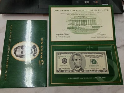 Low Numbered 1999 Uncirculated $5 Deluxe Note in BEP Folder BH 00003275 A - Image 1 of 4