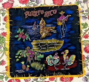 Vintage Puerto Rico Map Souvenir Black Velvet Pillowcase Cock Fight, Pineapple - Picture 1 of 4