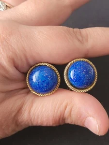 Set of Blue Stone Gold Colored Trim Clip On Costume Jewelry Earrings Vintage 80s - Picture 1 of 2