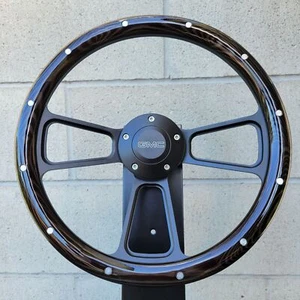 14" Black Billet Steering Wheel Dark Burnt Pine Aluminum Rivets GMC Modern Logo - Picture 1 of 5