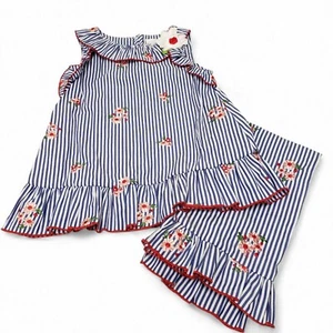 Rare Editions Girls 2 Piece Top Pants Striped Embroidered Red White Blue Size 6 - Picture 1 of 16