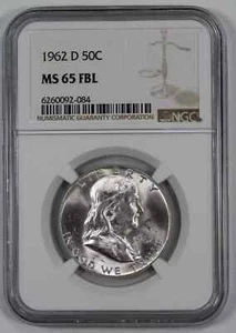 1962 D FRANKLIN HALBER DOLLAR 50C NGC MS 65 FBL NEUWERTIG UNC - VOLLSTÄNDIGE BELLLINIEN (084) - Bild 1 von 4