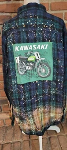 Upcycled unisex bleached flannel shirt with Kawasaki motorcycle logo. Size XL - Picture 1 of 3
